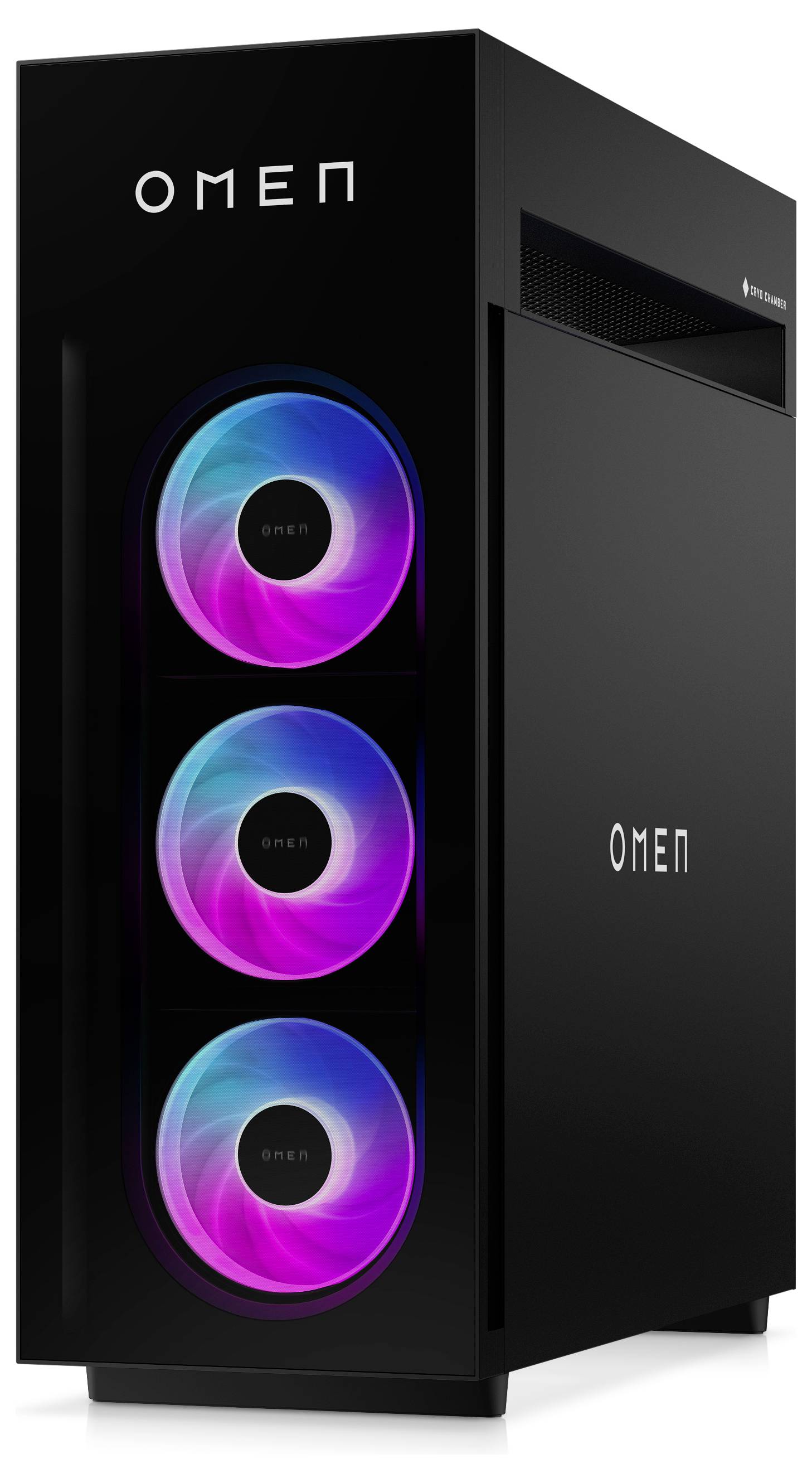 Ein schwarzer Gaming-Desktop-Tower mit drei vorderen RGB-beleuchteten Lüftern zeigt den Markennamen 'OMEN' an der Oberseite der Frontseite.