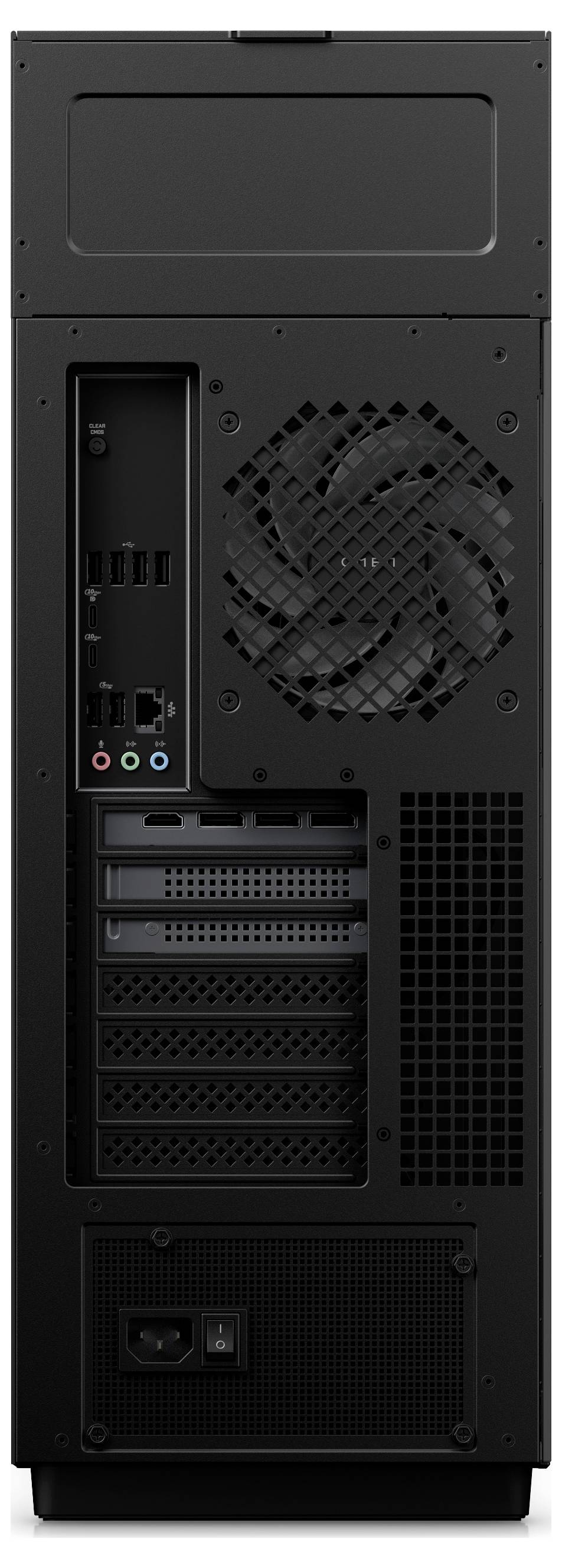 Das Rückpanel eines schwarzen Computertowers mit verschiedenen Anschlüssen, darunter USB, Audio- und Stromsteckdosen, sowie ein großer Kühlventilator.