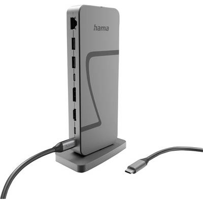 Eine vertikale Dockingstation mit mehreren USB-Anschlüssen und einem Ethernet-Port, die mit einer Basis verbunden ist und ein Kabel nach außen führt.