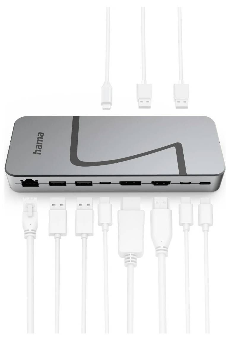 Ein silberner USB-Hub mit mehreren Anschlüssen, der verschiedene Verbindungen wie USB, HDMI und Ethernet umfasst, mit eingesteckten und abgezogenen Kabeln.