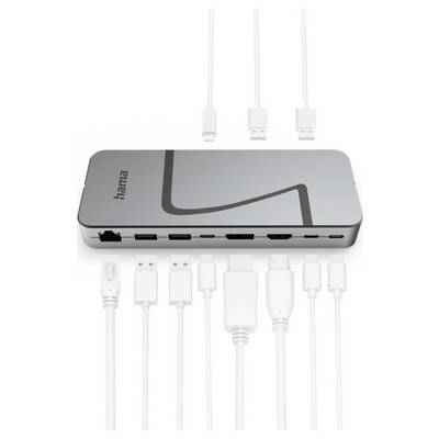 Ein silberner USB-Hub mit mehreren Anschlüssen, der verschiedene Verbindungen wie USB, HDMI und Ethernet umfasst, mit eingesteckten und abgezogenen Kabeln.