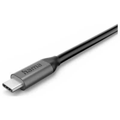 Ein schwarzes USB-C-Kabel mit einem metallischen Anschluss, auf dessen Seite das Logo „hama" angebracht ist.
