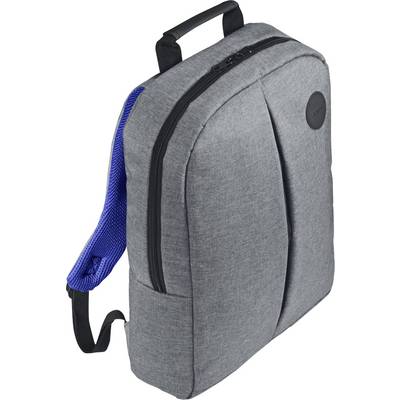 Grauer Rucksack mit schwarzem Reißverschluss, Tragegriff oben und blauem gepolstertem Schultergurt auf weißem Hintergrund.