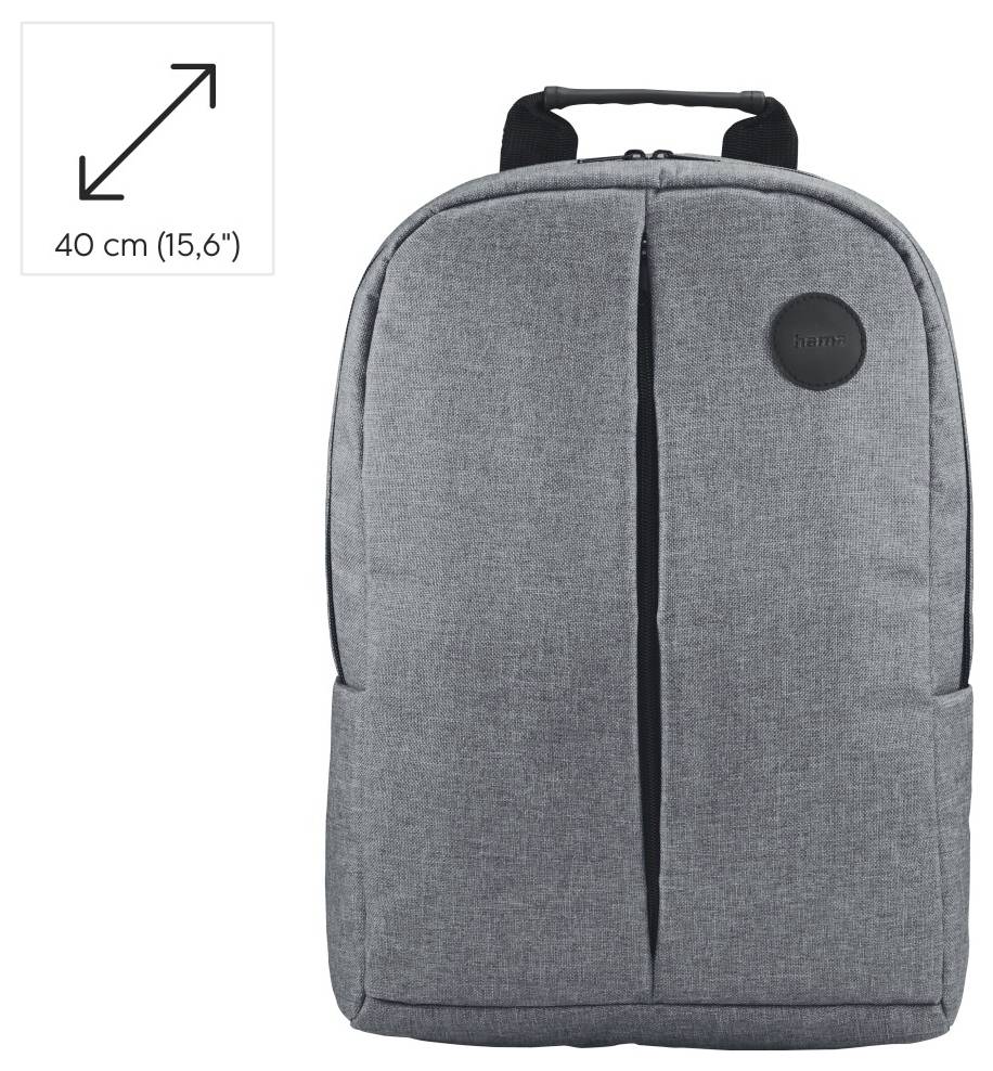 Grauer Rucksack mit schwarzen Reißverschlüssen und einem blauen Gurt, ausgestattet mit einem Tragegriff und einem strukturierten Gewebedesign, aufrecht stehend.