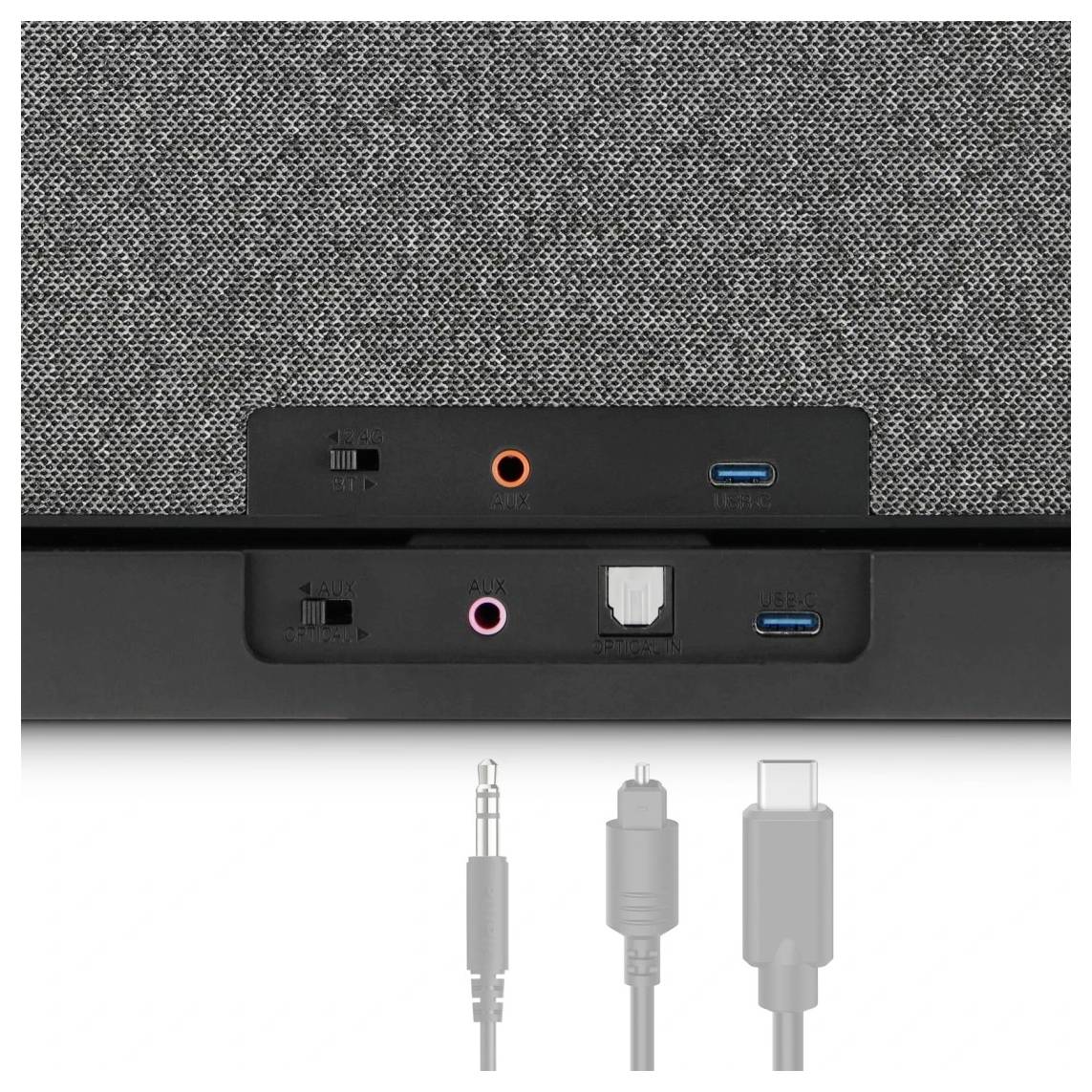 Eine Nahaufnahme der Rückseite einer Soundbar, die Anschlüsse zeigt: zwei USB-Ports, einen optischen Anschluss, einen Kopfhörerausgang, gekennzeichnet mit entsprechenden Kabel-Icons.