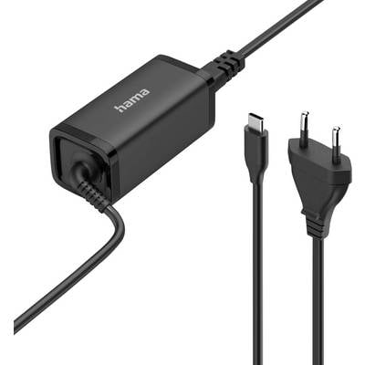 Ein schwarzes USB-C Ladekabel und Ladestecker der Marke 'Hama' mit europäischem Steckertyp.