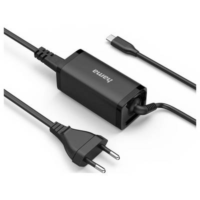 Ein schwarzes Hama-Laptop-Ladegerät mit angeschlossenem Netzkabel und USB-C-Kabel, entwickelt für effizientes Laden mit europäischer Steckerkompatibilität.