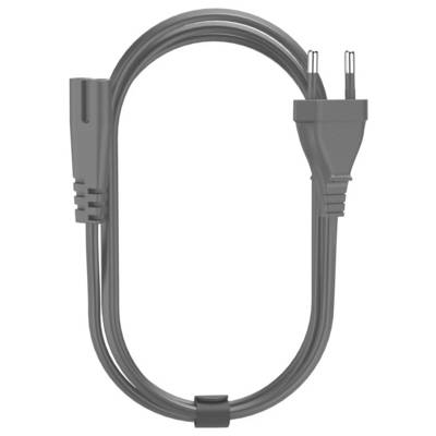 Ein grauer Netzkabel mit einem Standardstecker auf der einen Seite und einem C13-Anschluss auf der anderen Seite, das häufig für Computer- oder Monitorverbindungen verwendet wird.