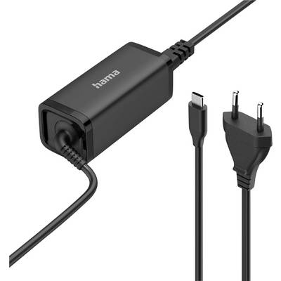 Schwarzer Netzteil der Marke 'Hama' mit USB-C-Stecker und europäischem Zweiphasenstecker, entwickelt zum Aufladen kompatibler elektronischer Geräte.