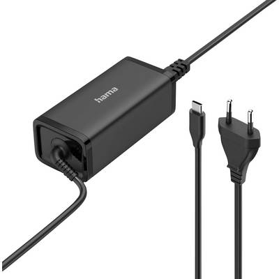 Ein schwarzes Netzteil der Marke 'hama', ausgestattet mit einem USB-C-Anschluss und einem europäischen 2-poligen Stecker.