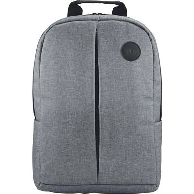 Ein grauer Rucksack mit einem Reißverschluss vorne und einem runden Logopatch, ausgestattet mit gepolsterten Trägern und einem Tragegriff oben.