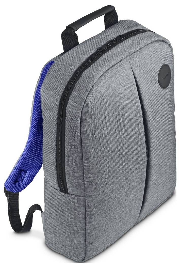 Ein grauer Rucksack mit blauem Gurt, mit einem schlichten Design und Tragegriff, geeignet für den lässigen Alltag oder die Schule.