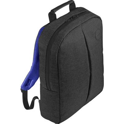 Schwarzer Rucksack mit Griff oben und blauen gepolsterten Schultergurten, gezeigt auf weißem Hintergrund.