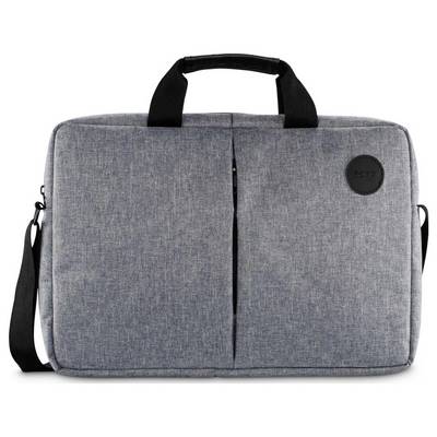 Eine graue Laptop-Tasche aus Stoff mit Griff und Schulterriemen, die ein schlichtes Design und ein rundes schwarzes Logo auf der Vorderseite aufweist.