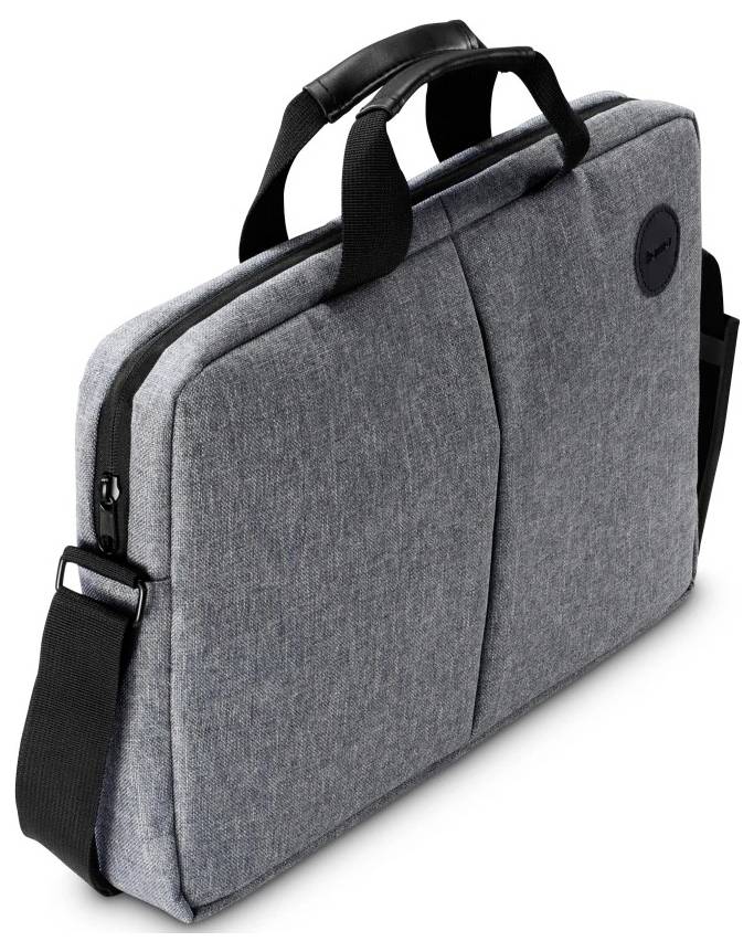 Eine graue Laptop-Tasche aus Stoff mit schwarzen Griffen und einem verstellbaren Schultergurt, von einem Winkel aus präsentiert, die ihr schlankes Design hervorhebt.