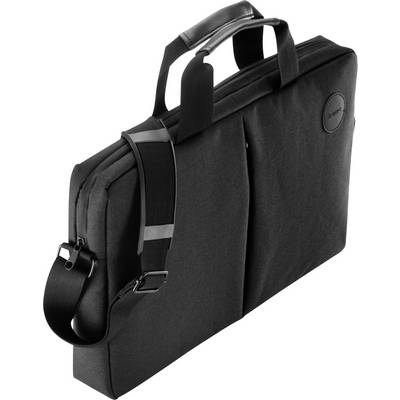 Schwarze gepolsterte Laptop-Aktentasche mit Griffen, Schultergurt und Fronttasche mit Reißverschluss auf weißem Hintergrund.