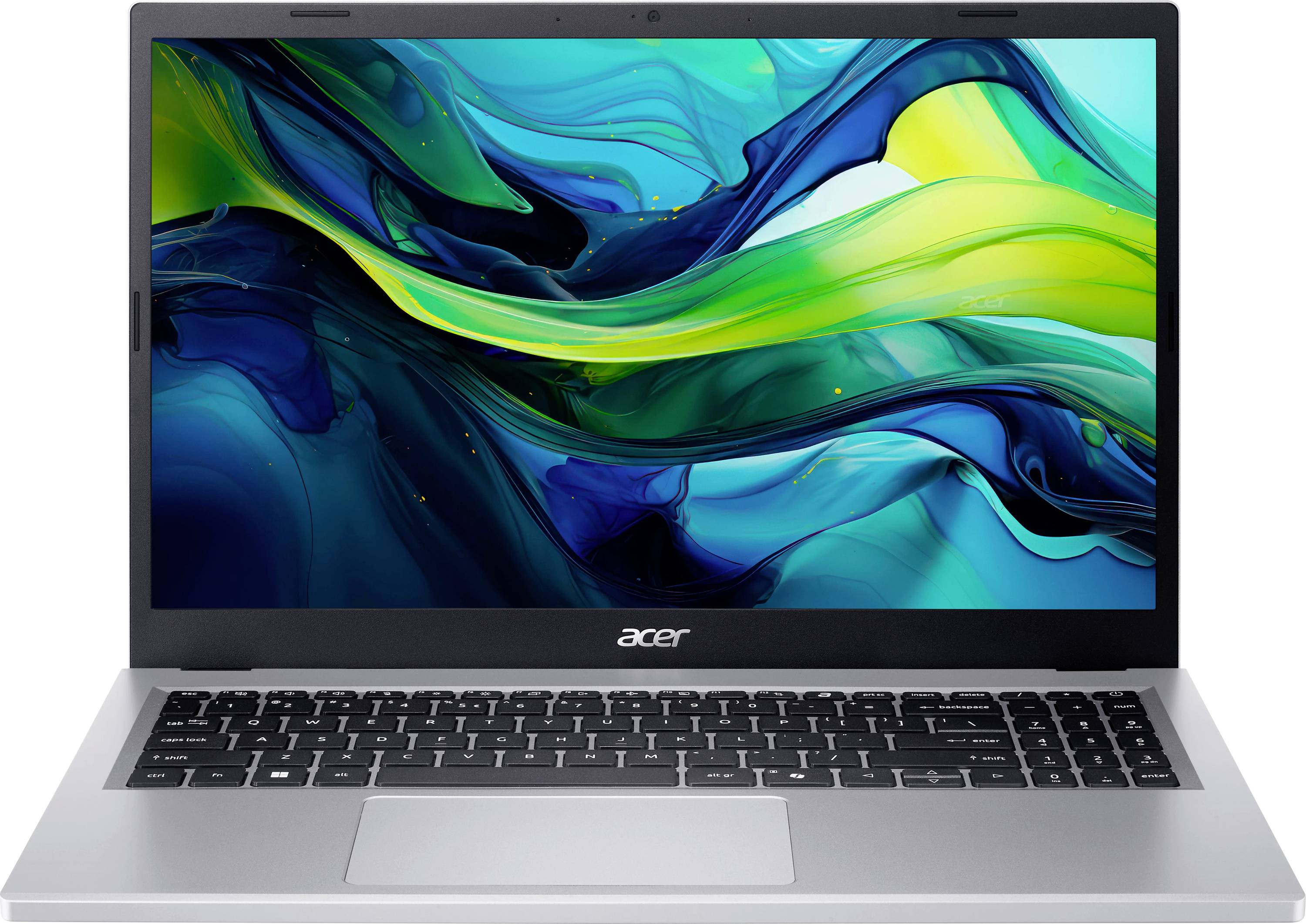 Ein silberner Laptop mit einem bunten abstrakten Wellenmuster auf dem Bildschirm, mit einer schwarzen Tastatur und einem Trackpad darunter.