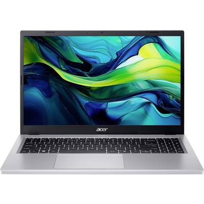 Ein silberner Laptop mit einem bunten abstrakten Wellenmuster auf dem Bildschirm, mit einer schwarzen Tastatur und einem Trackpad darunter.