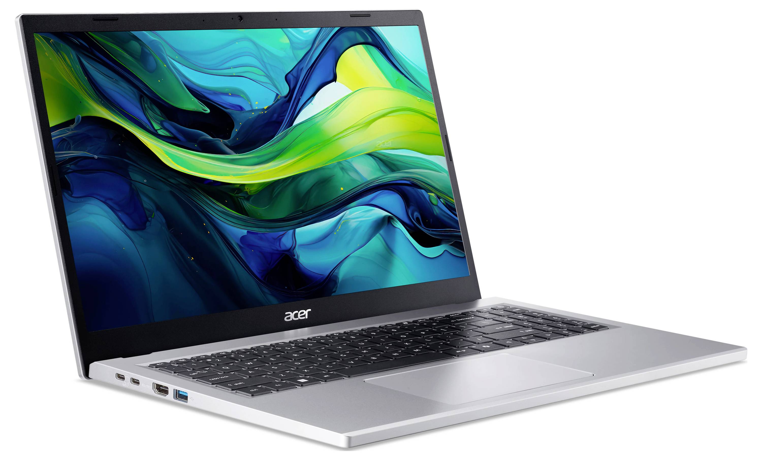 Acer-Laptop mit buntem abstraktem Design auf dem Bildschirm, silbernem Gehäuse und schwarzer Tastatur, leicht schräg geöffnet auf weißem Hintergrund.