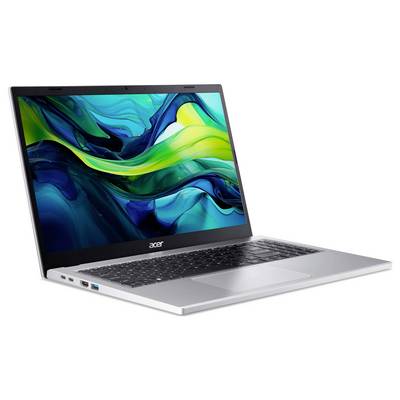Acer-Laptop mit buntem abstraktem Design auf dem Bildschirm, silbernem Gehäuse und schwarzer Tastatur, leicht schräg geöffnet auf weißem Hintergrund.