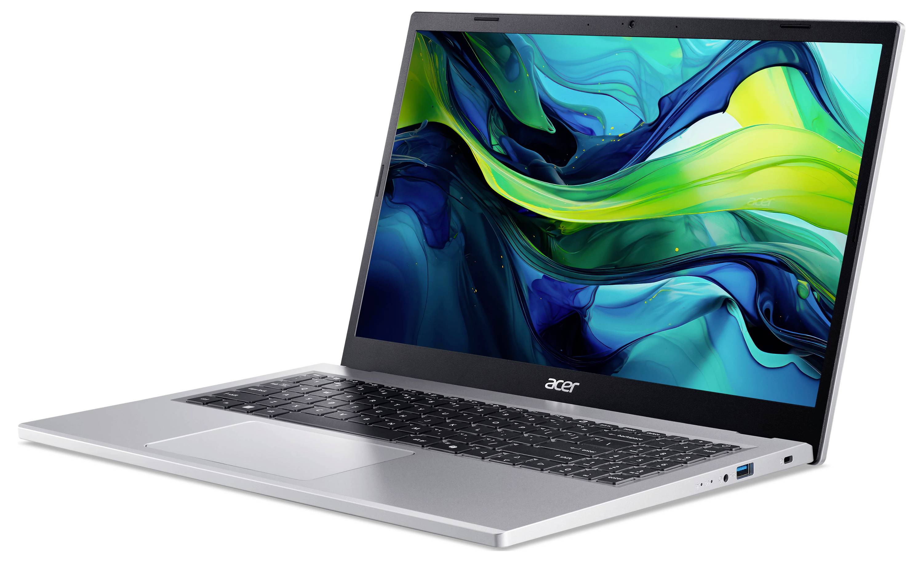 Ein schlanker silberner Laptop mit einem lebhaften blau-grünen abstrakten Bildschirm, der vor einem weißen Hintergrund positioniert ist und sein modernes Design hervorhebt.
