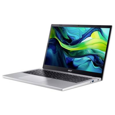Ein schlanker silberner Laptop mit einem lebhaften blau-grünen abstrakten Bildschirm, der vor einem weißen Hintergrund positioniert ist und sein modernes Design hervorhebt.
