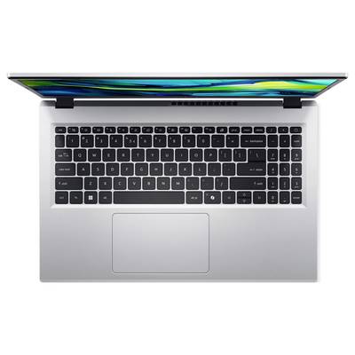 Geöffneter silberner Laptop, von oben betrachtet, mit kompletter QWERTZ-Tastatur und Touchpad, dessen bunter Bildschirm abstrakte Muster zeigt.