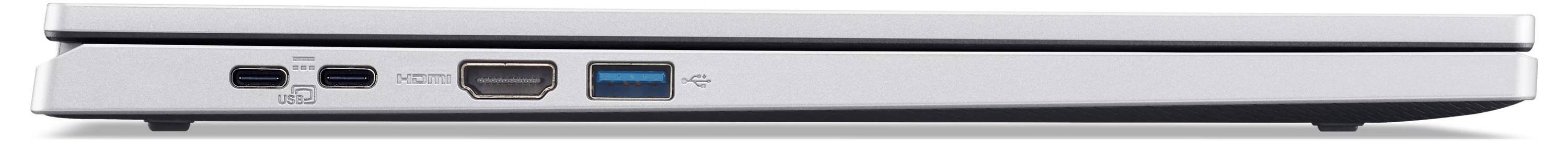 Ein geschlossener silberner Laptop, von der Seite betrachtet, mit drei Anschlusstypen: zwei USB-Anschlüssen, einem HDMI-Anschluss und einem Audioeingang.