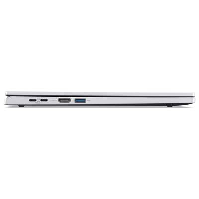 Ein geschlossener silberner Laptop, von der Seite betrachtet, mit drei Anschlusstypen: zwei USB-Anschlüssen, einem HDMI-Anschluss und einem Audioeingang.