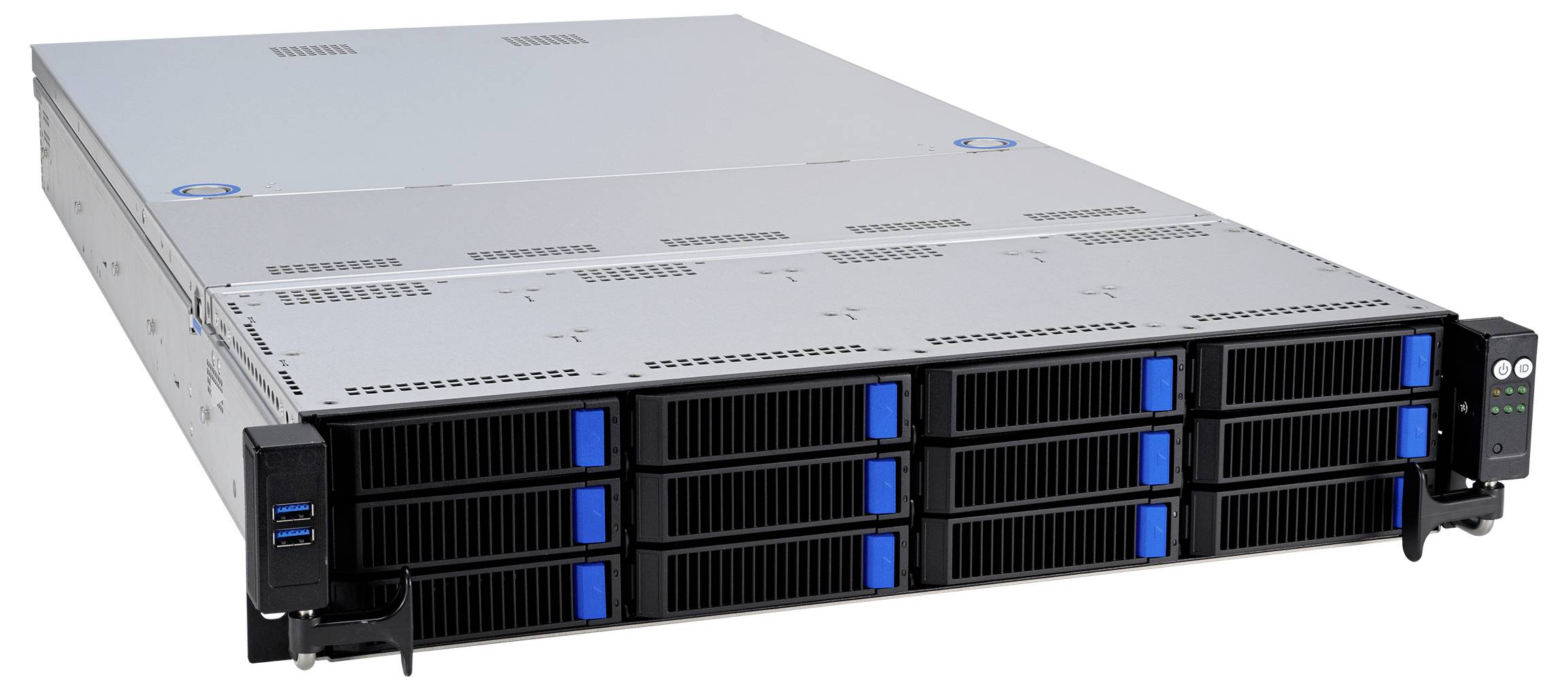 Ein silberner und schwarzer Server im Rack-Format mit acht Festplattenschächten auf der Frontseite, der für Datenspeicherung und Netzwerkanwendungen verwendet wird.