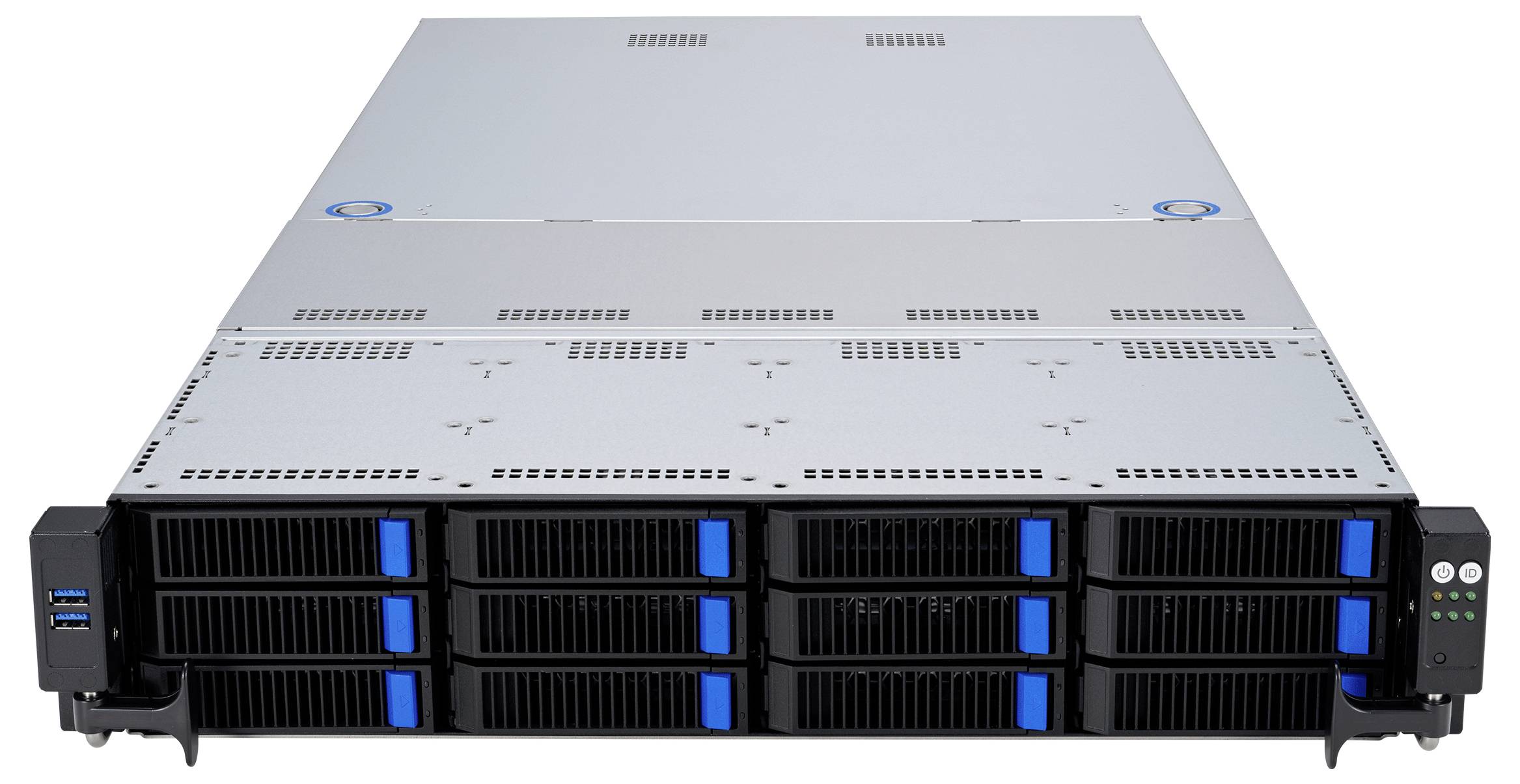 Ein silberner 1U-Server mit sichtbaren vorderen Anschlüssen und Kühlventilatoren, konzipiert für die Verwendung in Rechenzentren, auf weißem Hintergrund positioniert.