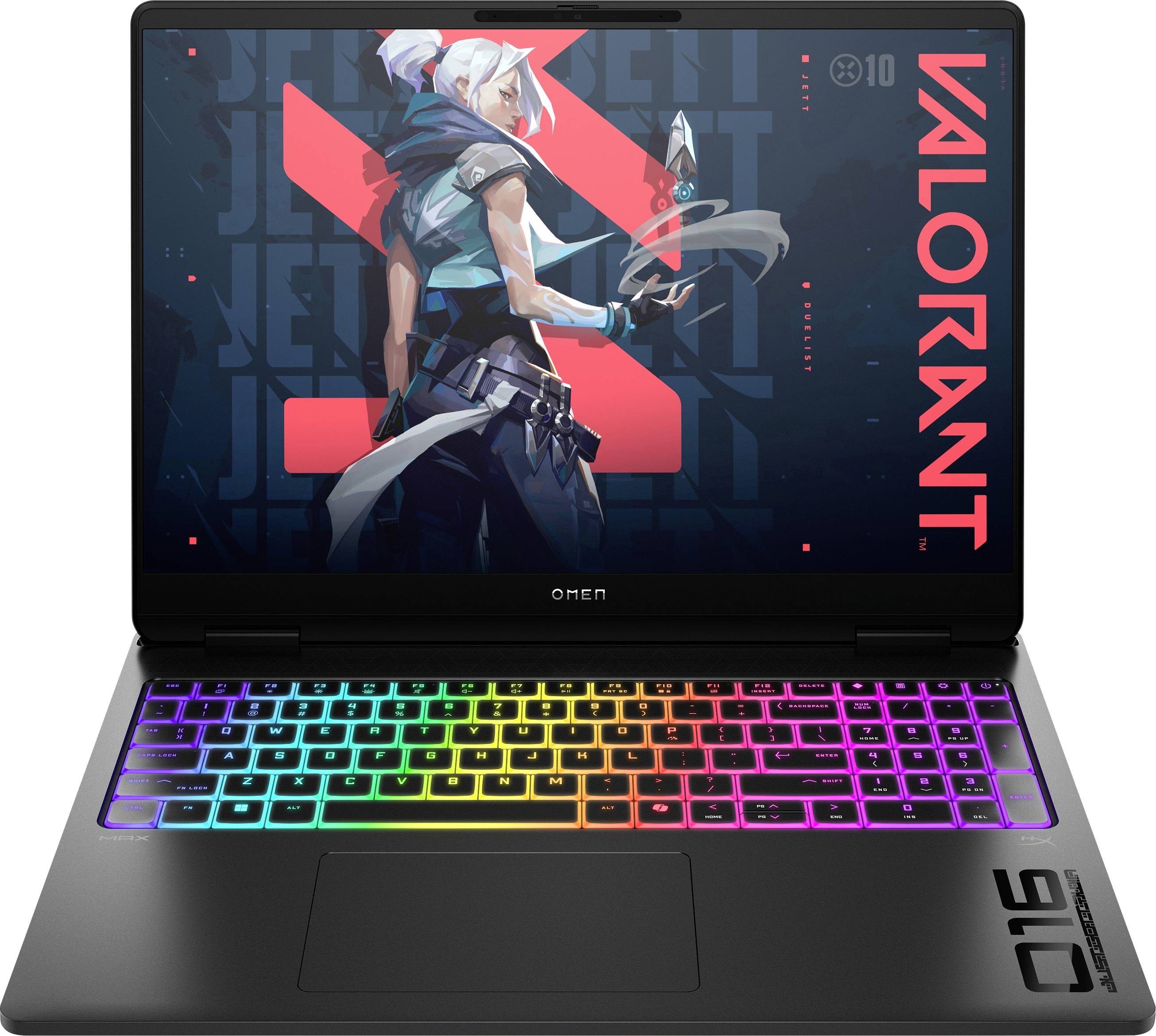 Ein Gaming-Laptop mit einer beleuchteten RGB-Tastatur zeigt ein Bild aus dem Videospiel Valorant auf seinem Bildschirm, das einen Charakter in einer dynamischen Pose darstellt.