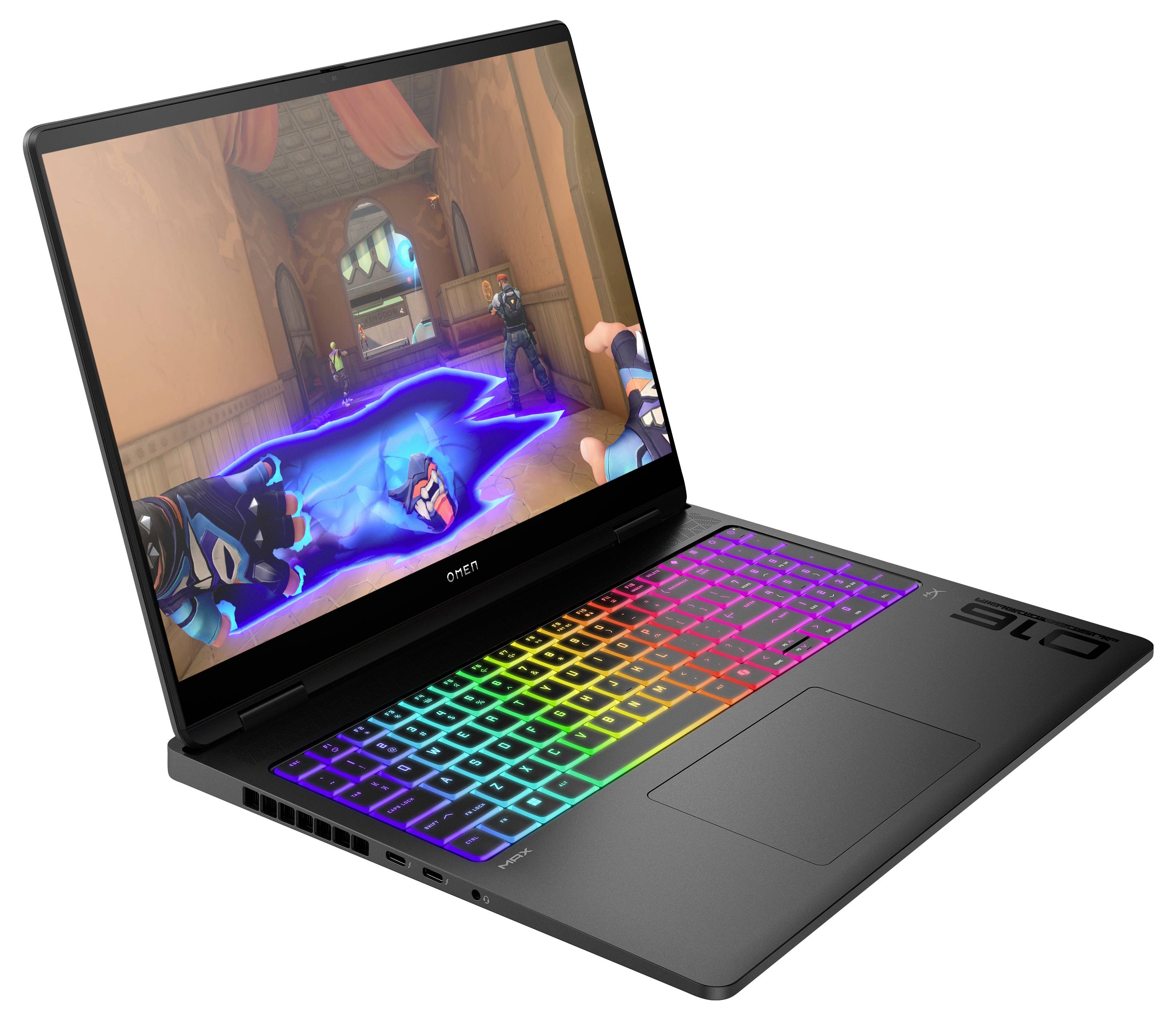 Ein Gaming-Laptop, der eine lebendige Actionspiel-Szene auf seinem Bildschirm zeigt, mit einer Tastatur, die von Regenbogen-farbener Hintergrundbeleuchtung erhellt wird.