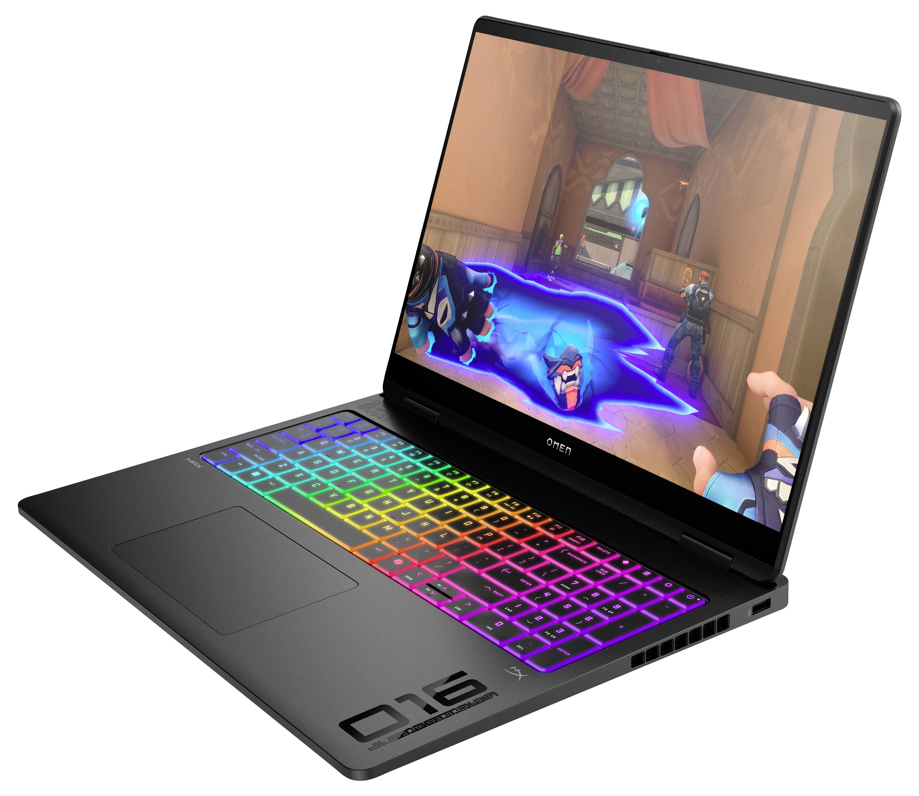 Ein Gaming-Laptop mit einer farbenfroh beleuchteten Tastatur zeigt ein dynamisches Actionspiel auf seinem Bildschirm, das Charaktere in einer virtuellen Umgebung darstellt.