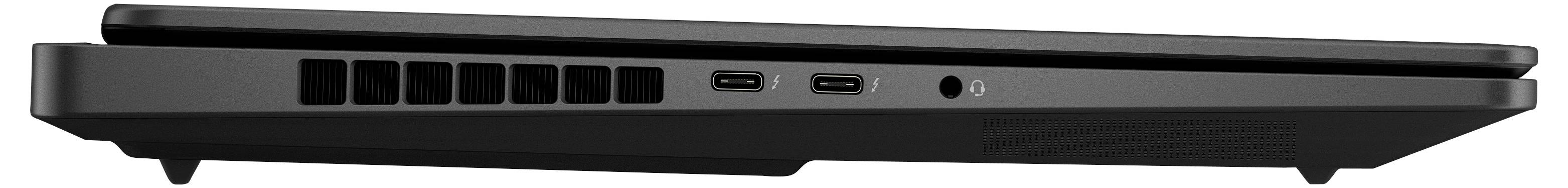 Seitenansicht eines geschlossenen schwarzen Laptops mit Belüftungsschlitzen, zwei USB-Anschlüssen und einem Kopfhöreranschluss.