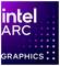 'Intel ARC Graphics' Logo: Zeigt einen Verlaufshintergrund in Lila mit weißem Text und pixelartigen Designelementen auf der rechten Seite.