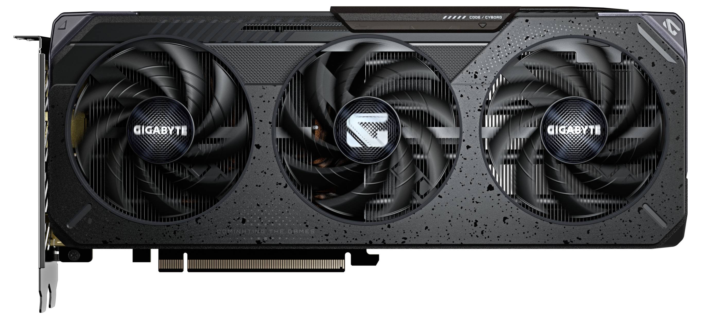 Eine schwarze Grafikkarte mit drei großen Kühlventilatoren, mit der Beschriftung "GIGABYTE", die ein schlankes, strukturiertes Design und sichtbare Anschlussports aufweist.