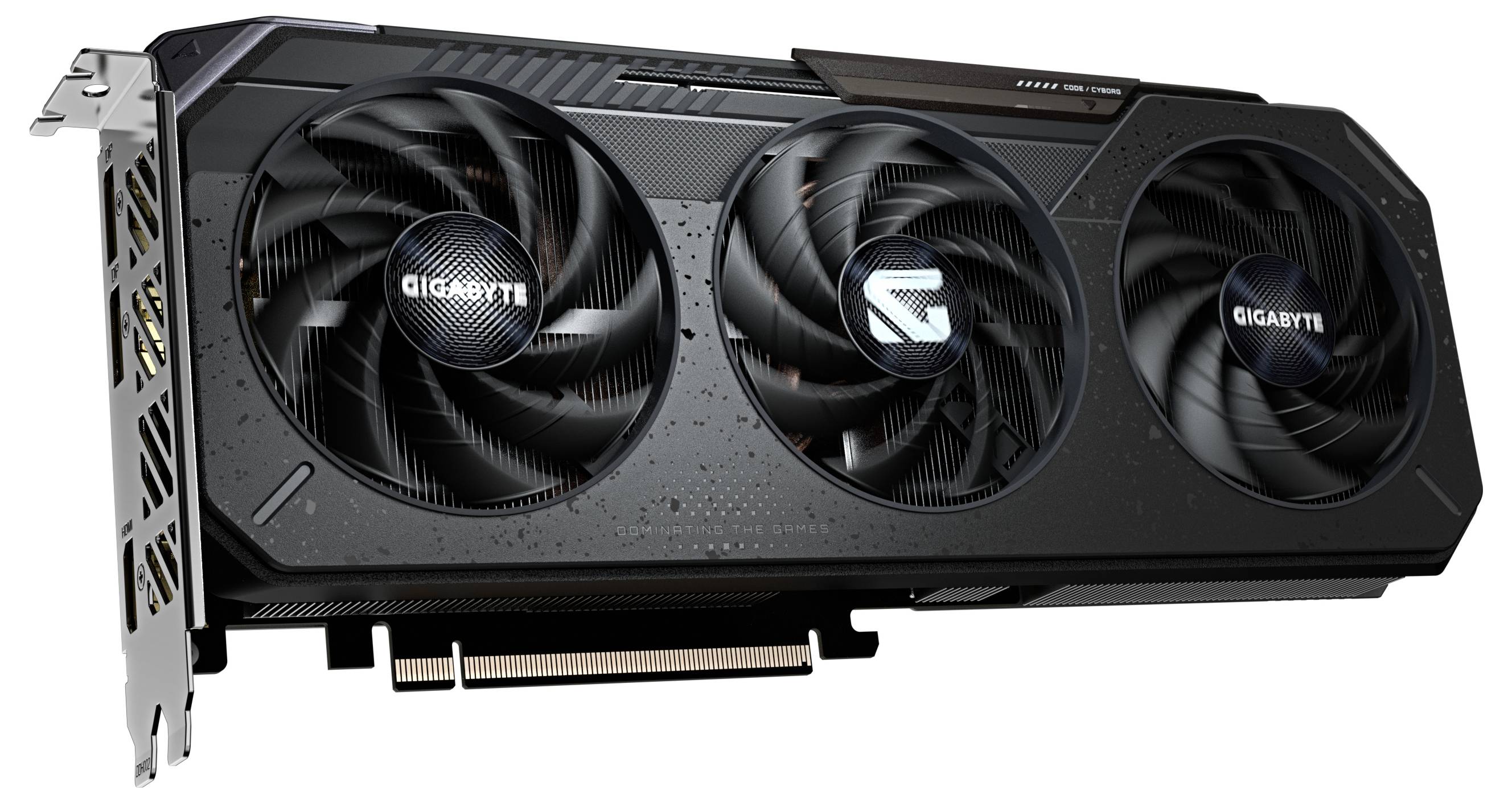 Eine schwarze Gigabyte-Grafikkarte mit drei Kühlventilatoren, PCIe-Anschluss und Markierungslogo an der Seite.
