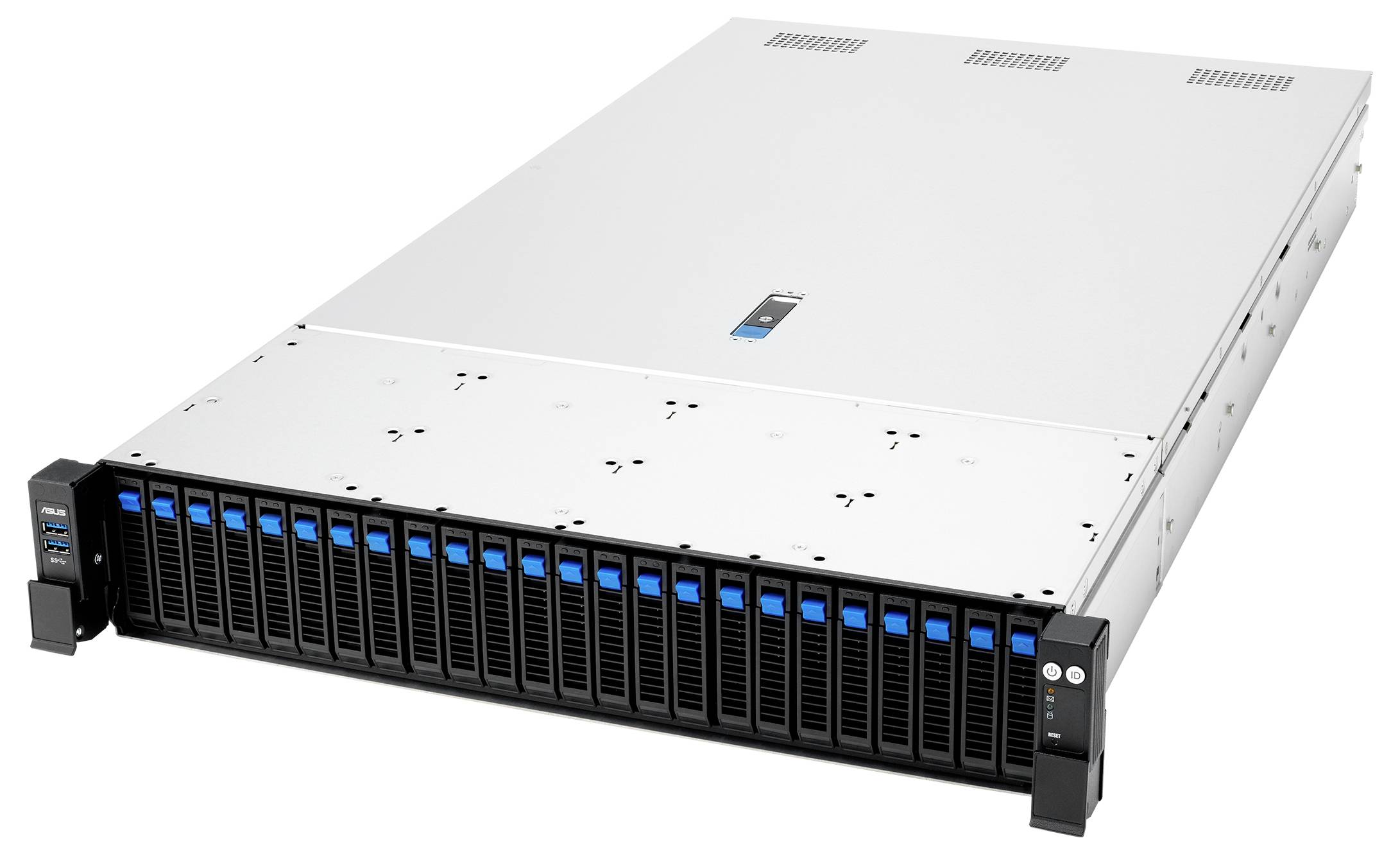 Rechteckiges Server-Rack mit mehreren Festplattenschächten und Bedienfeld, entworfen für Datenspeicherung und Verwaltung in IT-Umgebungen.