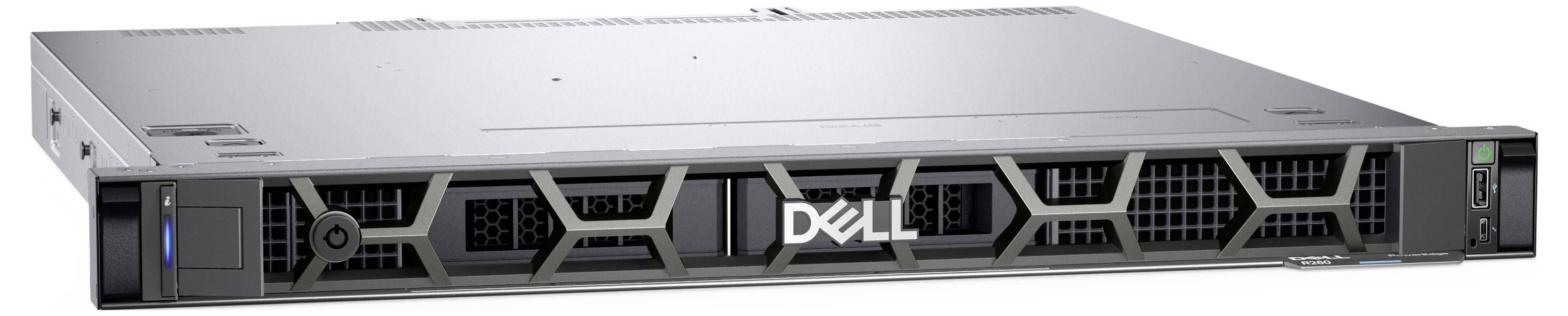 Ein schwarzer Dell-Server mit Lüftungspaneelen, Logo auf der Vorderseite sichtbar, was auf ein Rack-mountfähiges Design für Rechenzentren oder IT-Infrastruktur hinweist.