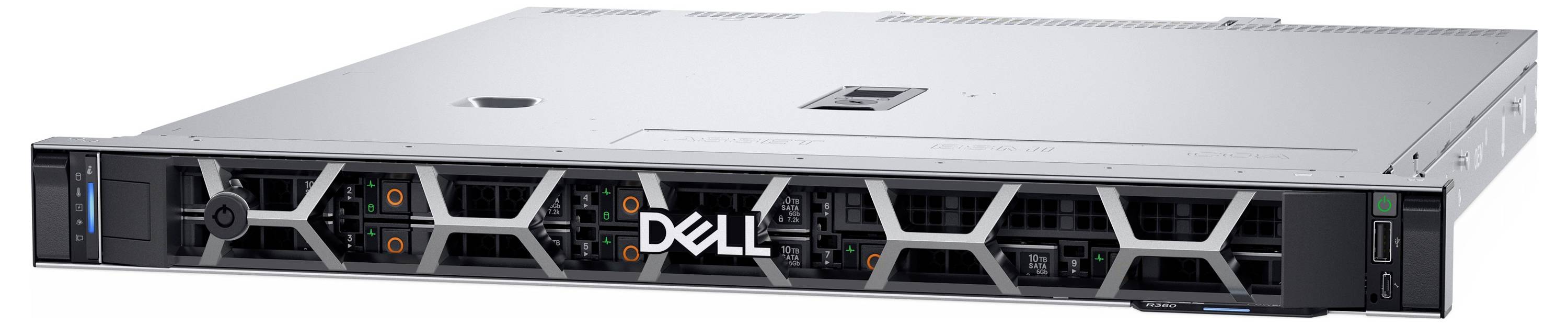 Ein Dell PowerEdge-Server mit elegantem Design und vorderen Lüftungspanels wird gezeigt. Geeignet für Unternehmens-IT und Datenmanagement.