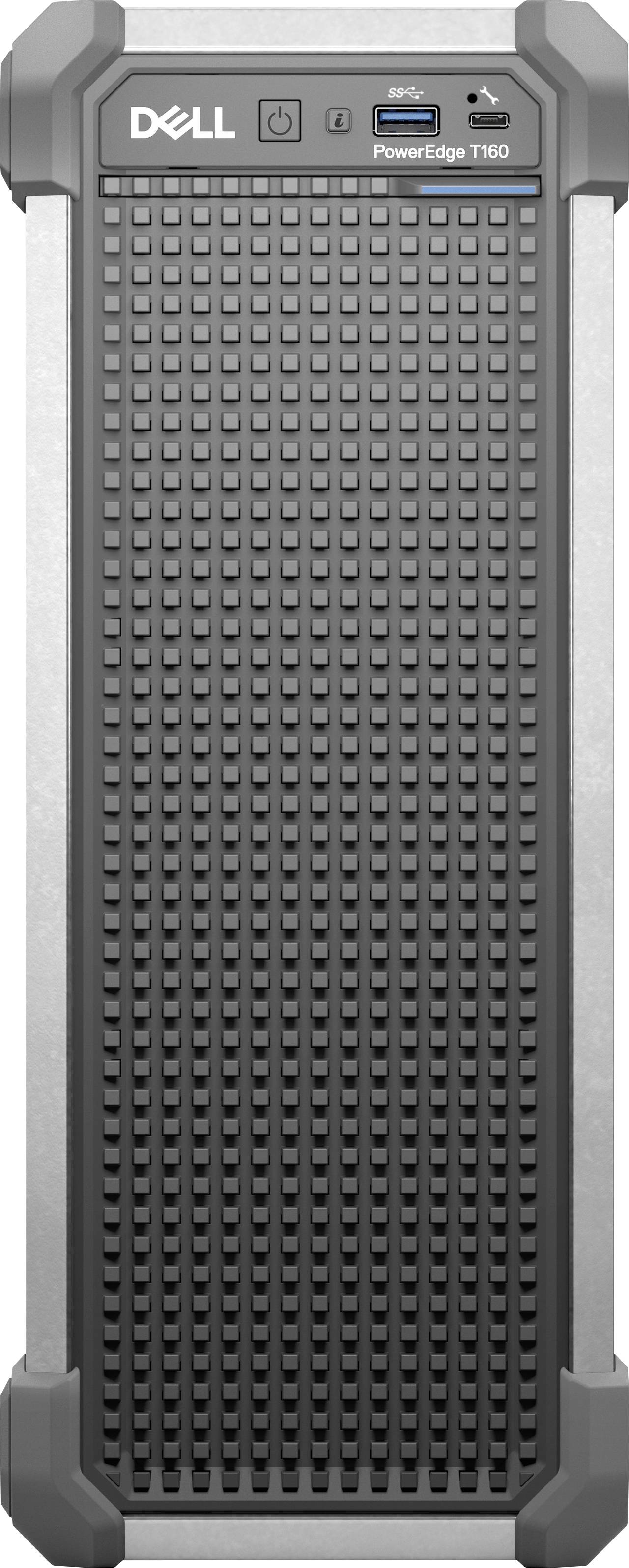 Ein hoher, rechteckiger Dell PowerEdge T160 Server-Tower mit einem gitterartigen Frontpanel, ausgestattet mit Strom- und USB-Anschlüssen in der Nähe der Oberseite.