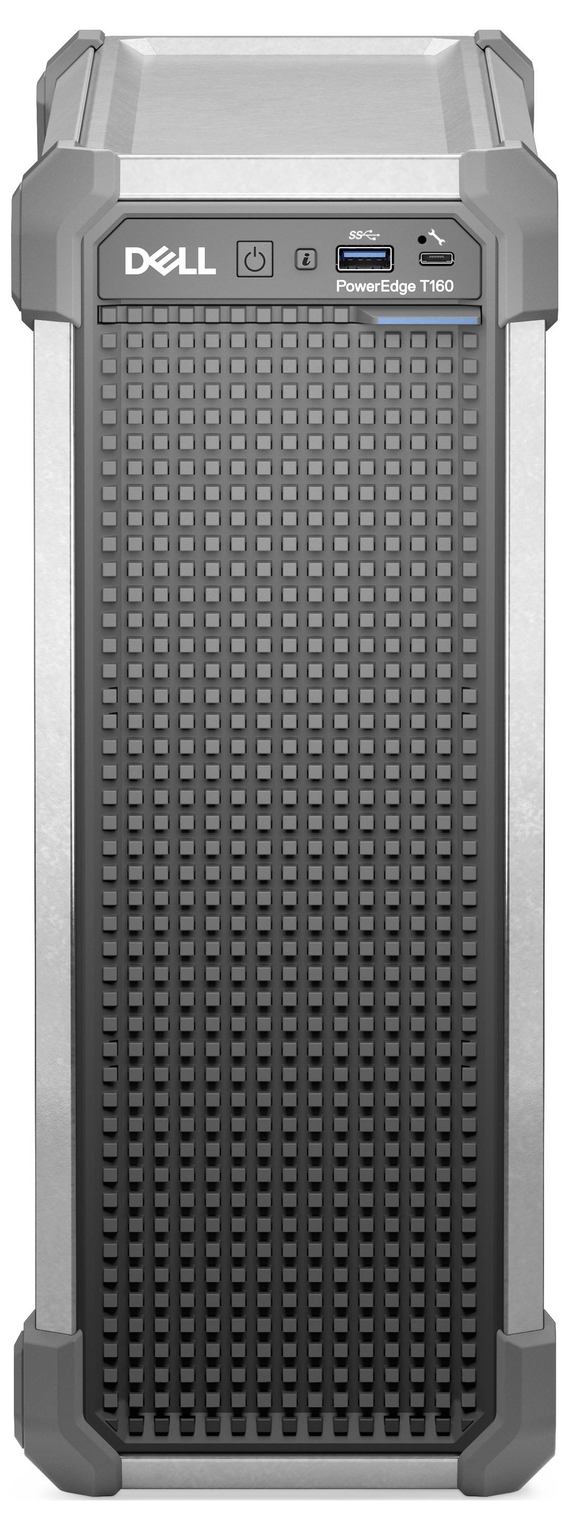 Ein Turm-Server mit einem Gittermuster auf der Frontplatte, ausgestattet mit einem Powerknopf, USB-Anschlüssen und der Bezeichnung 'PowerEdge T350'.