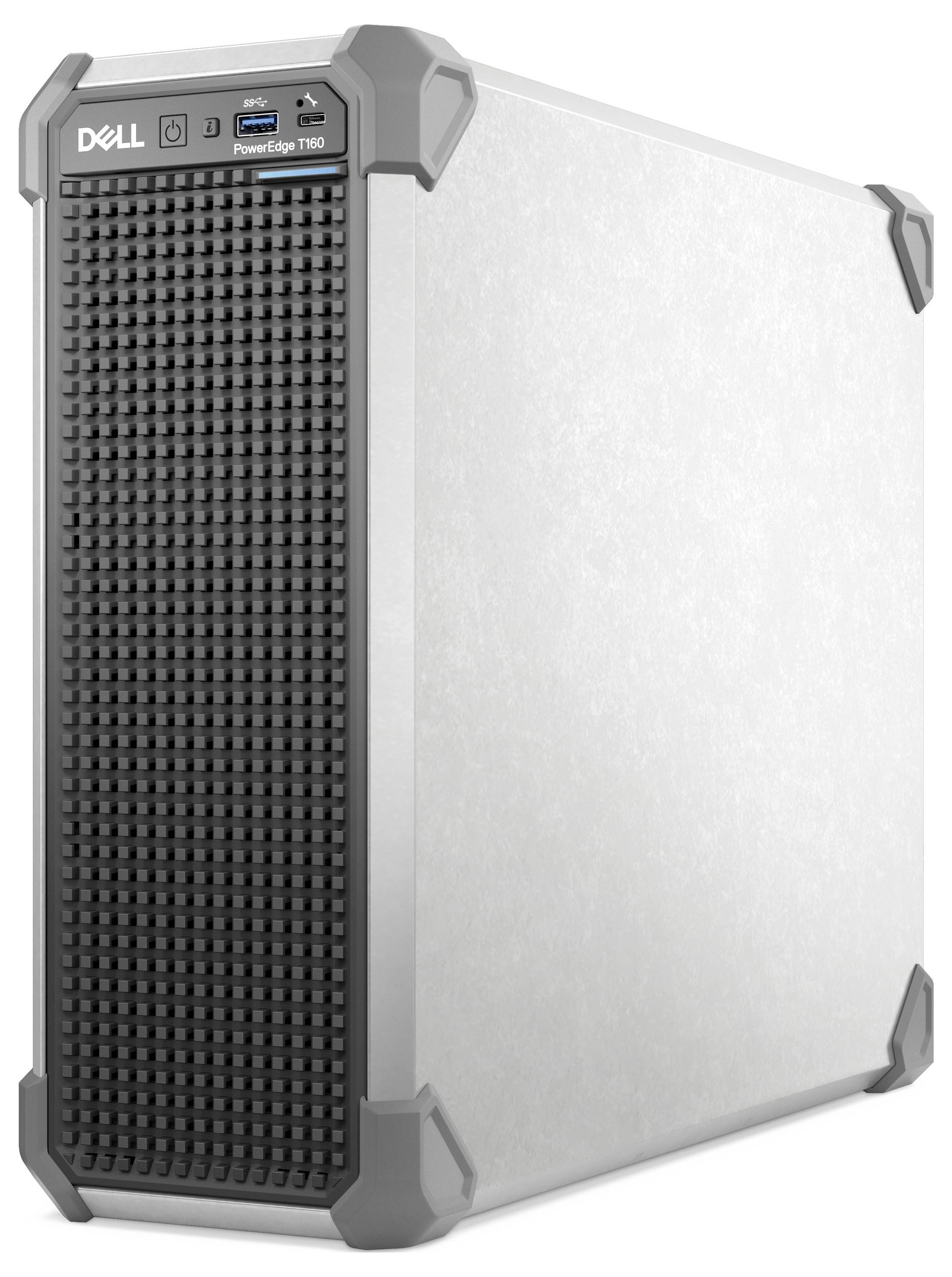 Ein grauer und schwarzer Dell PowerEdge-Server mit Gitterfront-Panel und verstärkten Ecken, der typischerweise in Rechenzentren und Unternehmen eingesetzt wird.