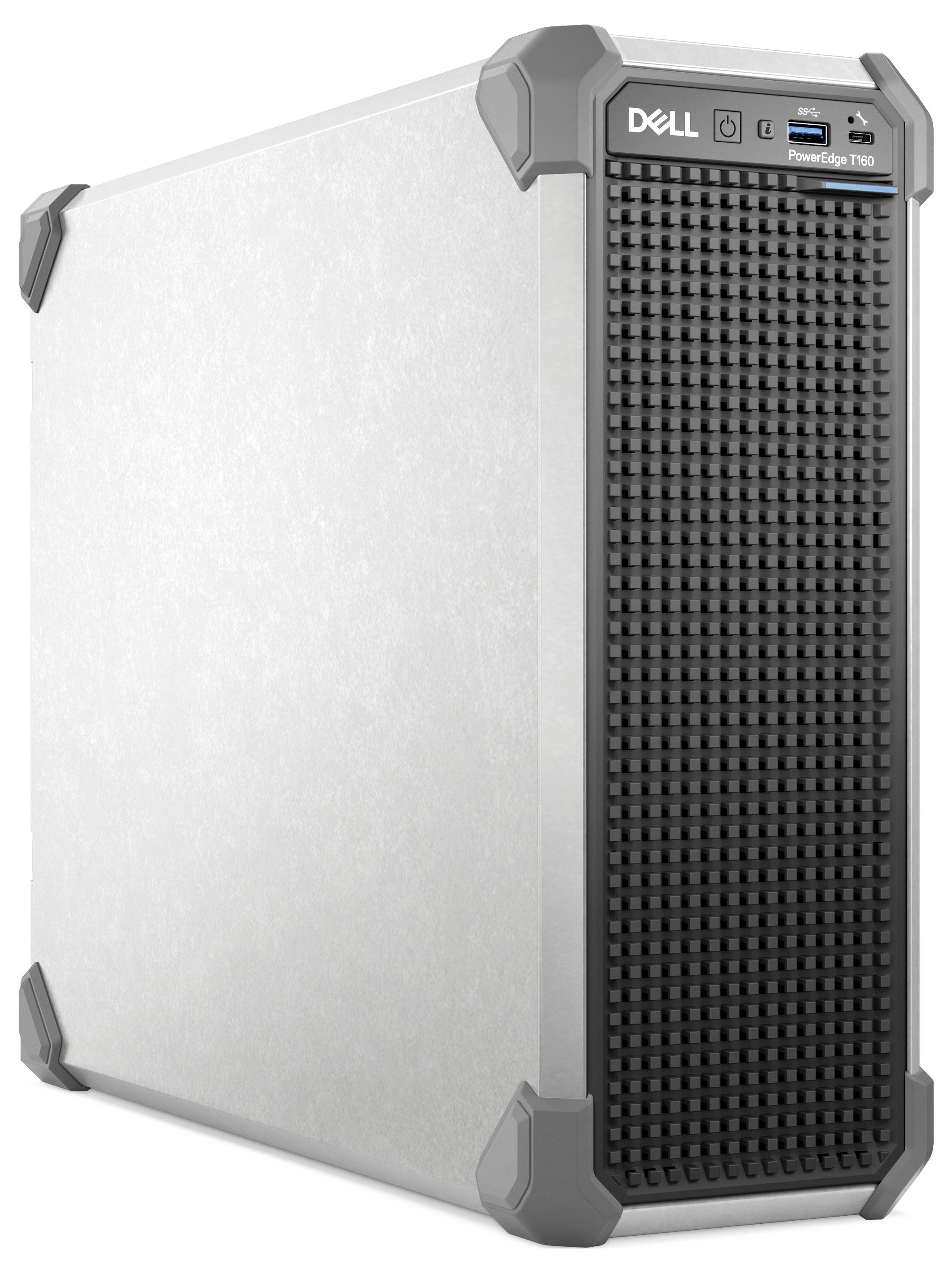 Dell PowerEdge T640 Server-Tower in einer silber-schwarzen Farbkombination, mit Frontpanel-Anschlüssen und einem Einschaltknopf, geeignet für Rechenzentren.