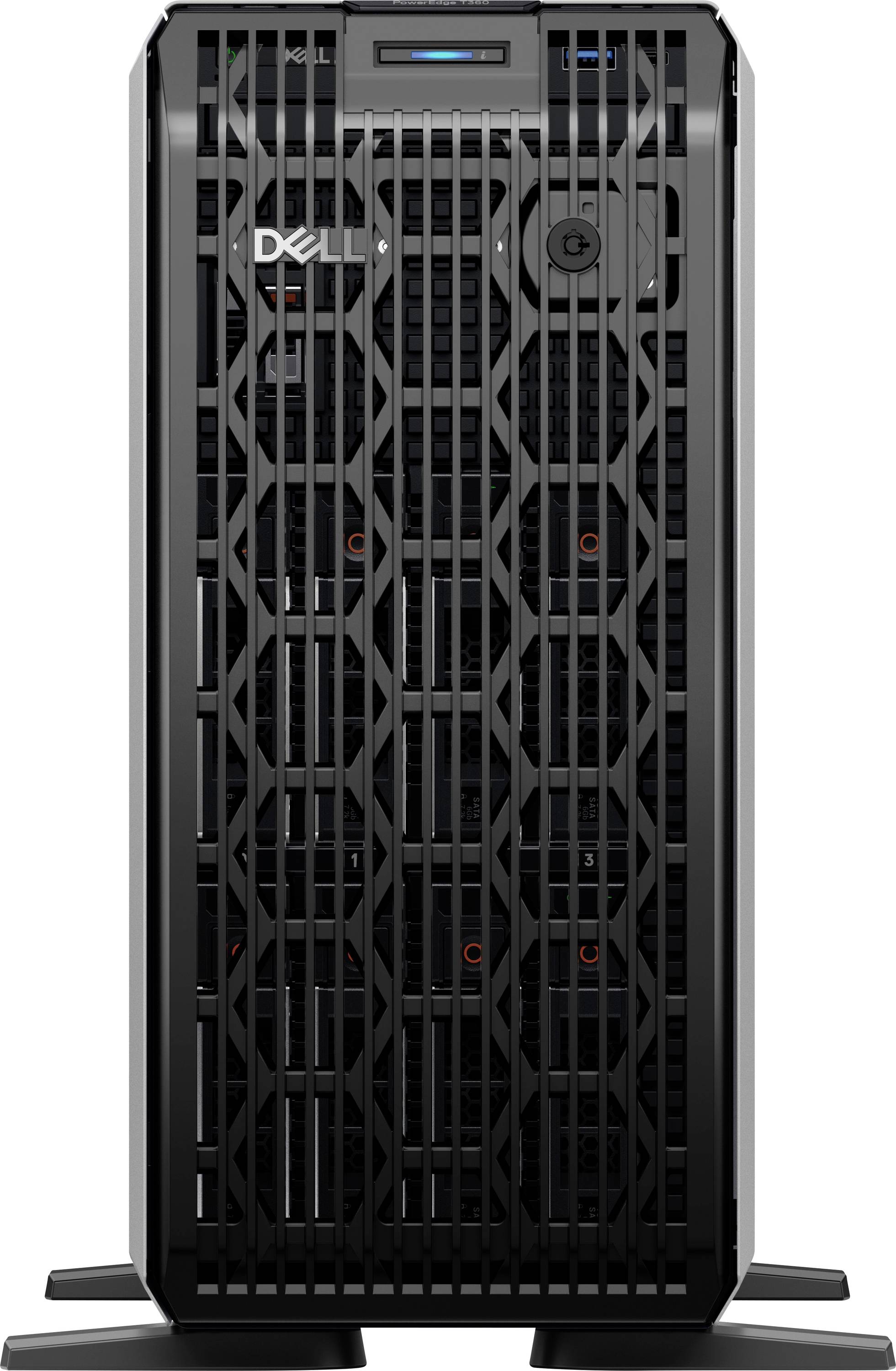 Ein schwarzer Dell PowerEdge Server mit einem gitterförmigen Frontpanel und sichtbaren kreisförmigen Anschlüssen, der aufrecht auf einer Basis steht.