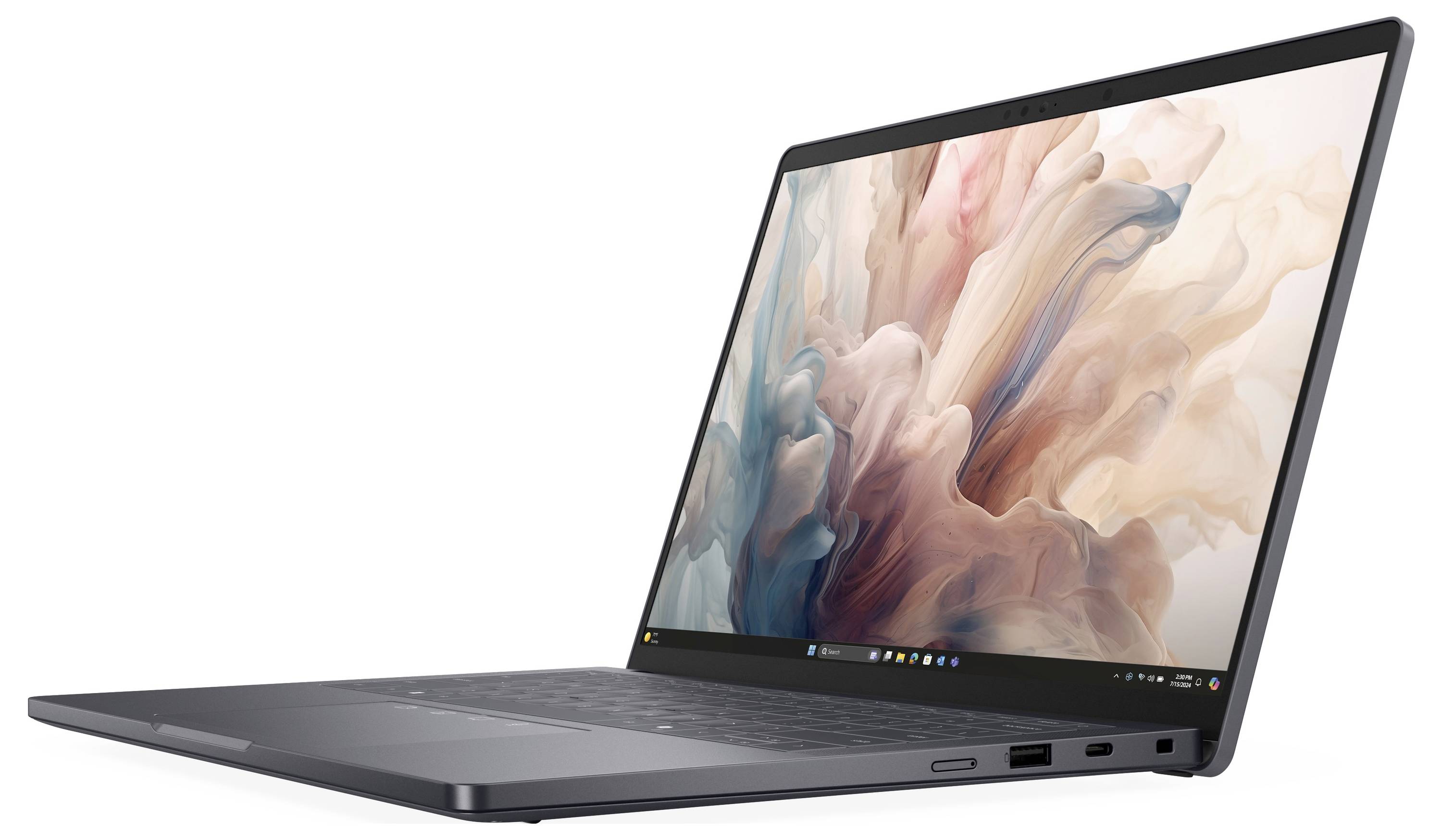 Ein schlankes, modernes Laptop mit einem farbenfrohen abstrakten Design auf dem Bildschirm, leicht geneigt, um sein dünnes Profil und die Anschlüsse zu präsentieren.