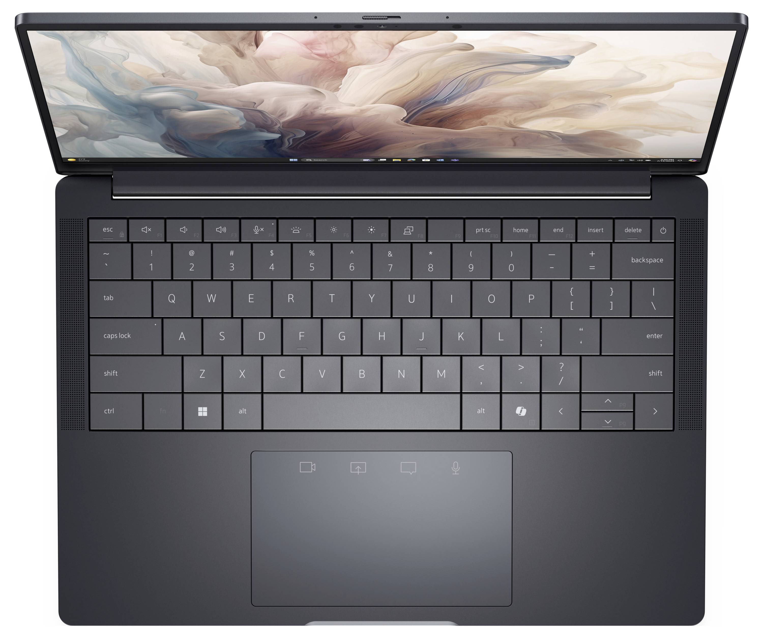 Ein Laptop mit elegantem Design, geöffnet und den Desktop-Bildschirm mit einem digitalen künstlerischen Hintergrundbild zeigend. Die Tastatur und das Touchpad sind sichtbar.