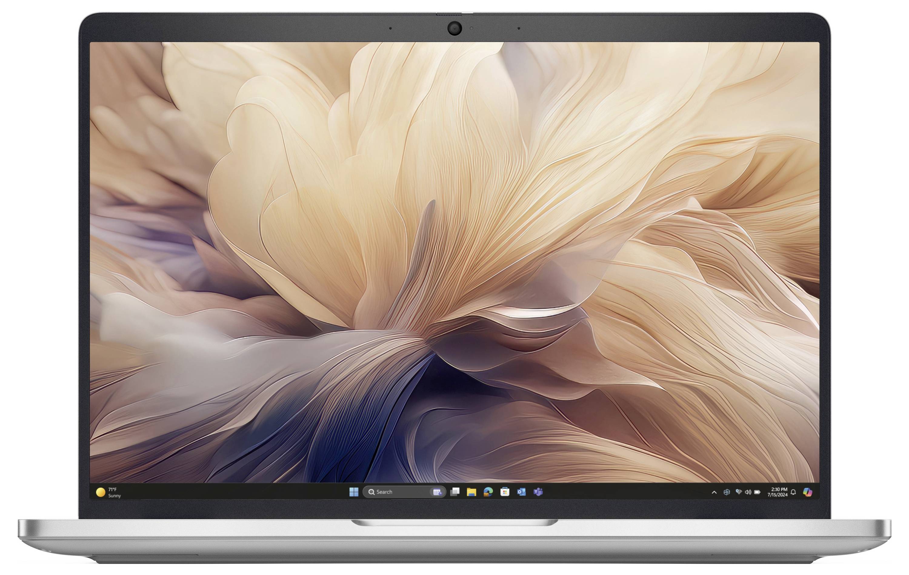 Ein Laptop, der abstrakte Blumenkunst mit weichen, geschwungenen Blütenblättern in Beige- und Pastellrosa-Tönen auf dem Bildschirm zeigt.