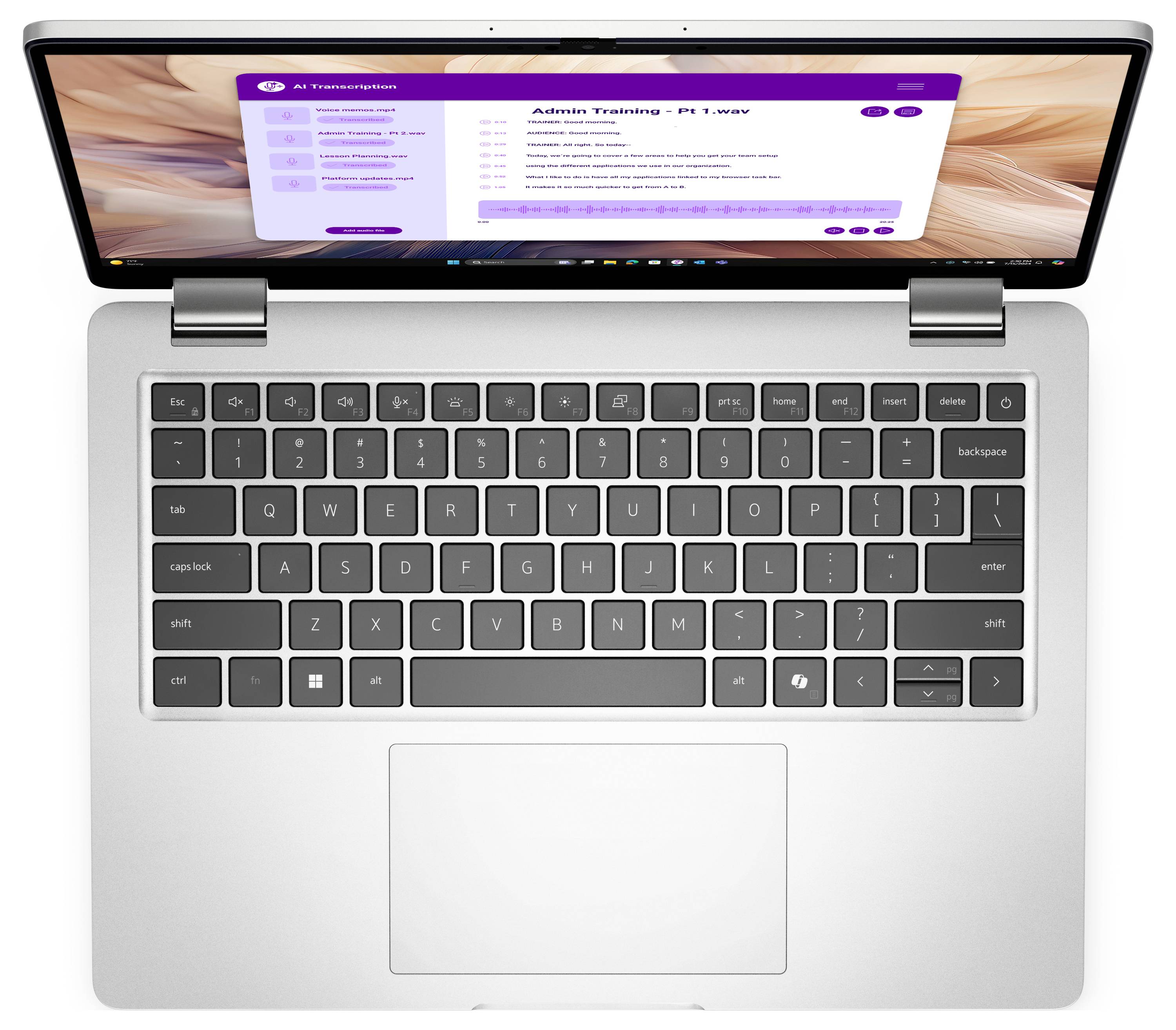 Ein Laptop, von oben betrachtet, dessen Bildschirm ein Fenster mit der Aufschrift "Verwaltungsschulung - Teil 1" zeigt, in dem eine Liste von Aufgaben oder Informationen zu sehen ist.